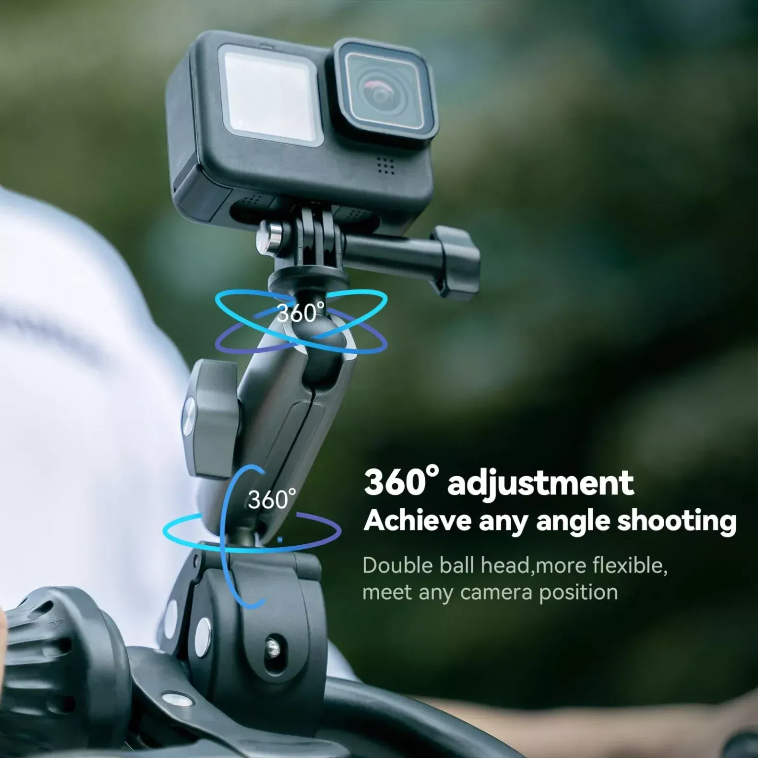 Close-up of the 360 degree adjustable action camera bracket showing secure clamping mechanism