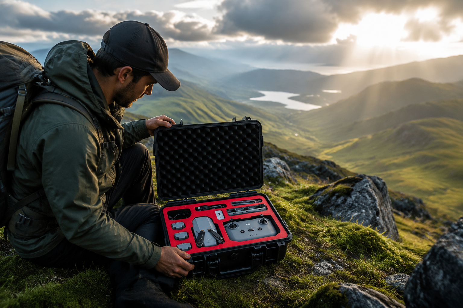 Hiker on a mountain opening a rugged black hard case with red foam protecting a DJI Mini drone