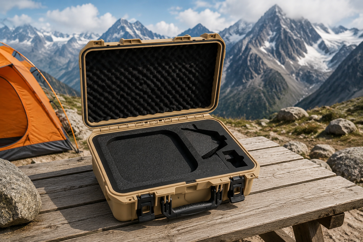 Open Starlink Mini Case showing custom black foam interior on a wooden picnic table outdoors.