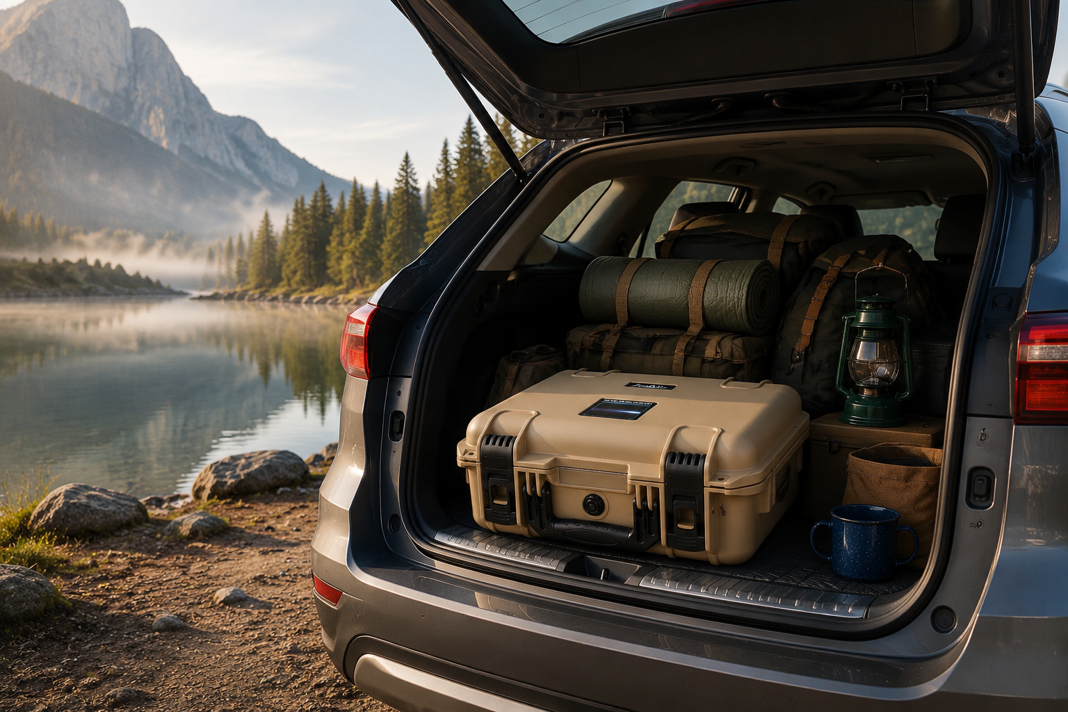 Starlink Mini Case packed securely in the trunk of an SUV for an overlanding trip by a mountain lake.