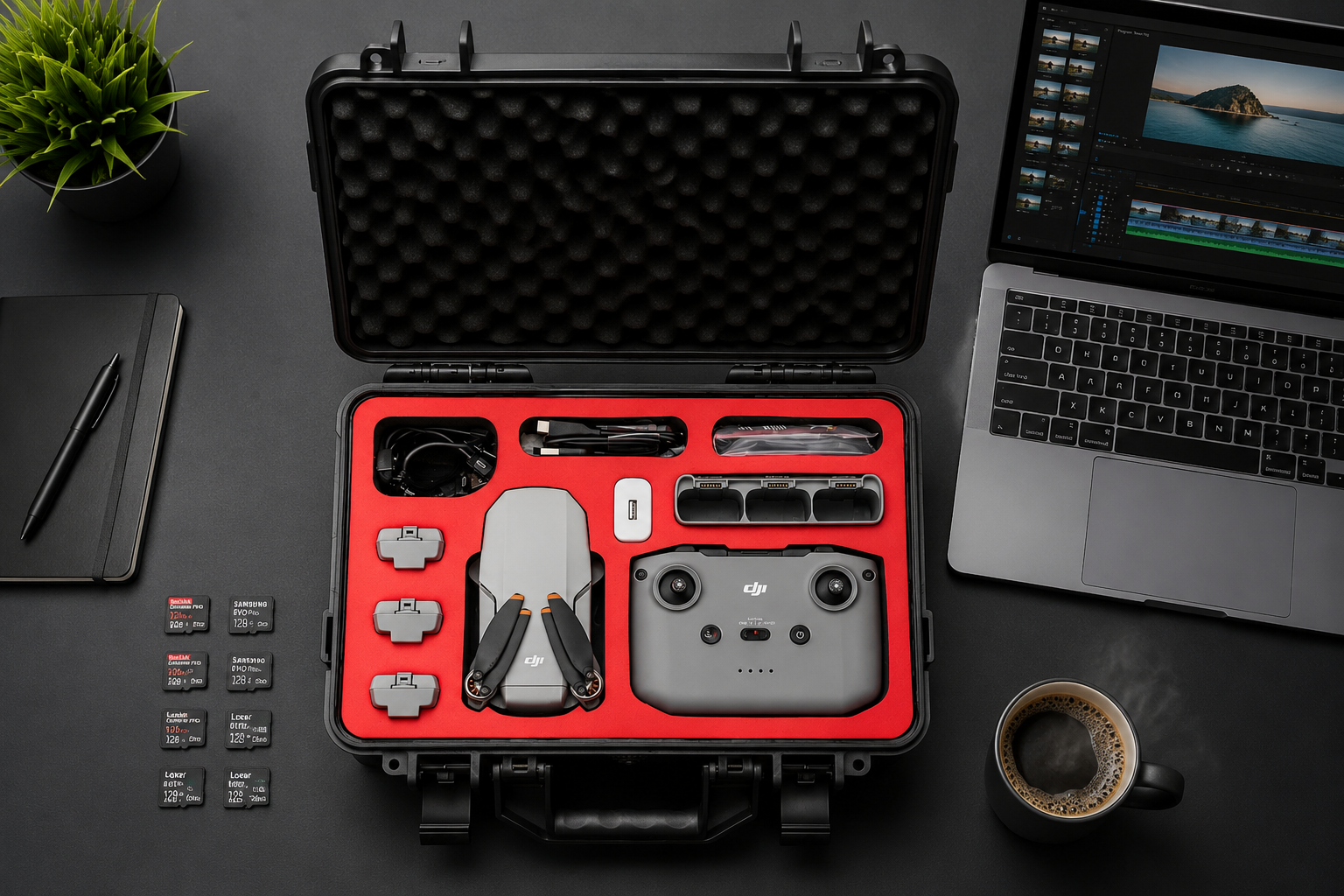 Overhead view of an open drone case with a red custom foam insert on a creator's desk next to a laptop