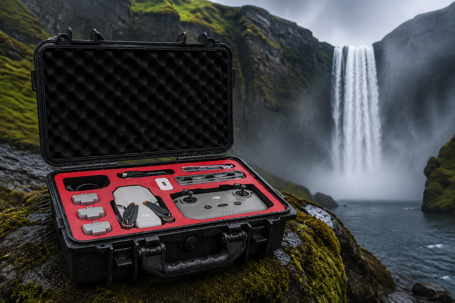 Rugged black hard case with a red custom foam insert protecting a DJI Mini drone near a dramatic waterfall