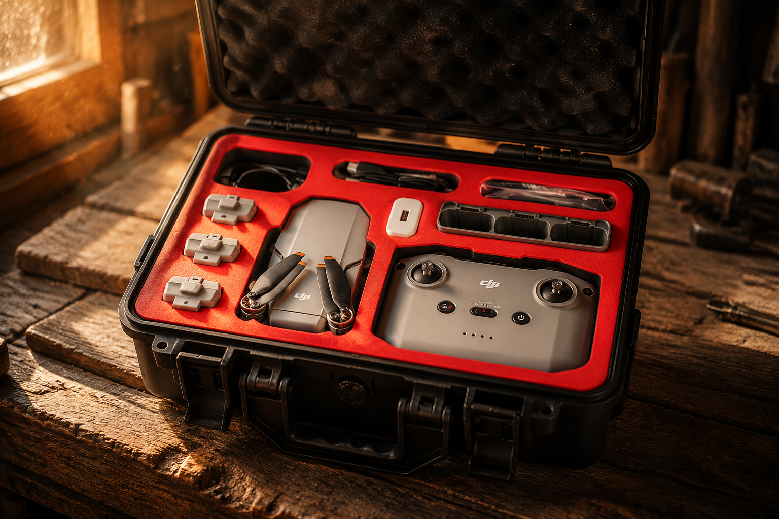 Close-up of precision-cut red EVA foam holding a drone controller and spare batteries on a wooden workbench