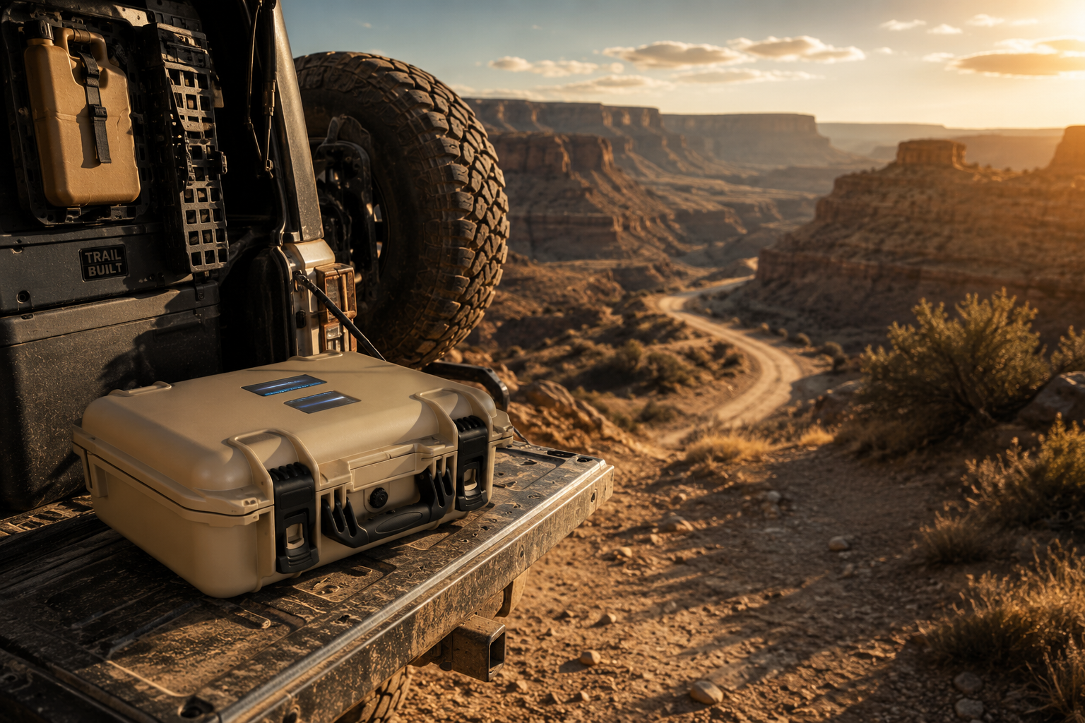 Rugged tan Starlink Mini Case sitting on the tailgate of an overland vehicle in a desert landscape