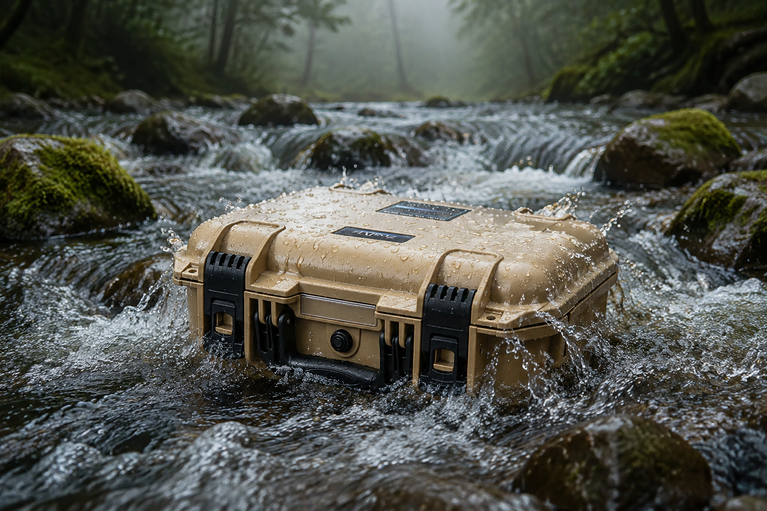 Waterproof Starlink Mini Case submerged in a mountain stream demonstrating its IP67 rating
