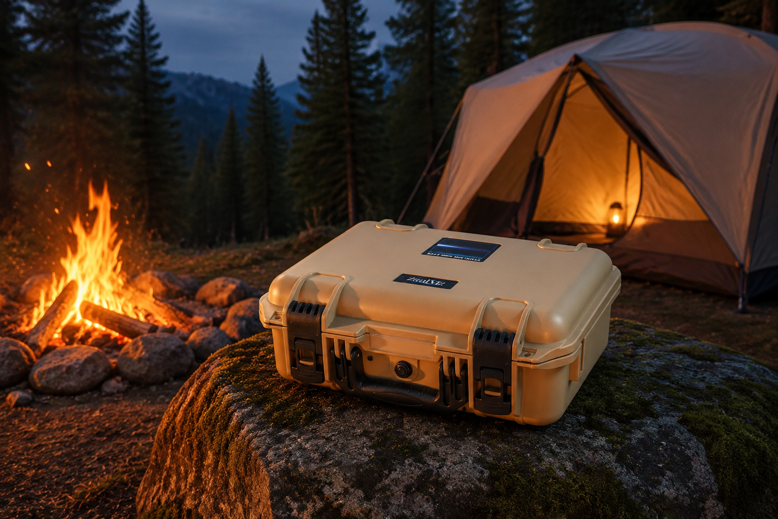 Tan rugged Starlink Mini Case resting on a rock near a campfire in a pine forest at twilight.