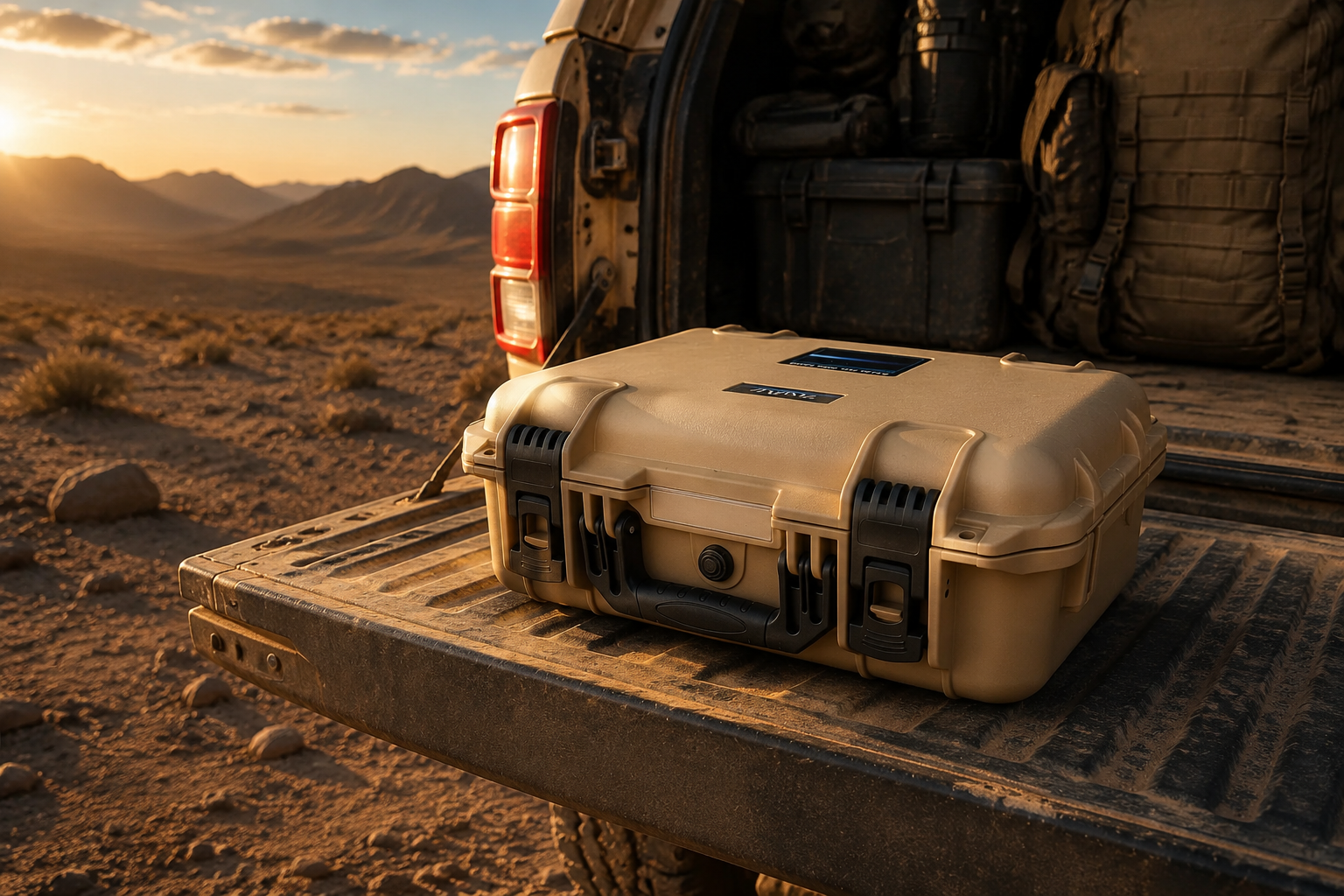 ZealViz Starlink Mini Case resting on the tailgate of an off-road vehicle in the desert