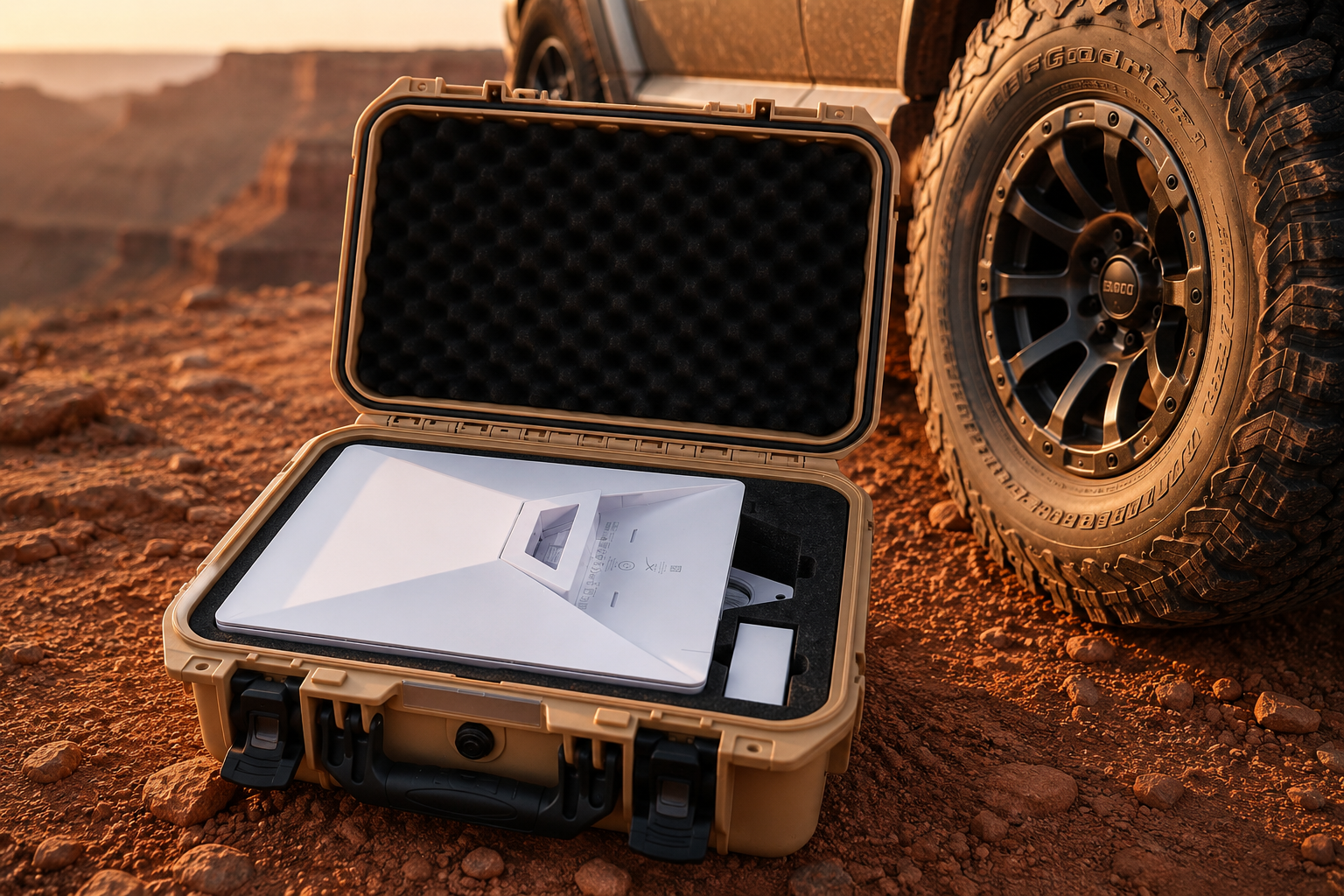 Open Starlink Mini Case showing custom black foam protecting the satellite dish in a desert off-road setting