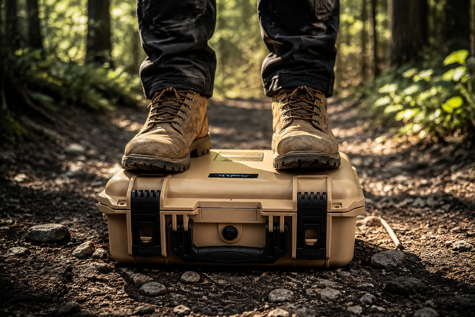 Person standing on the crushproof Starlink Mini hard case to show extreme durability and load-bearing capacity