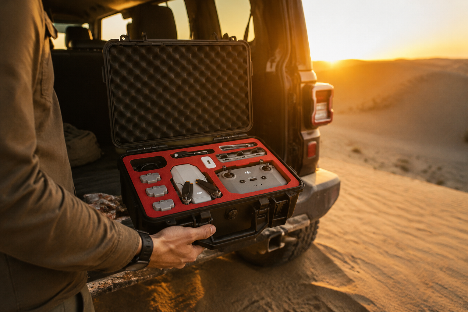 Traveler taking out a waterproof DJI drone storage case from an off-road vehicle in the desert at sunset
