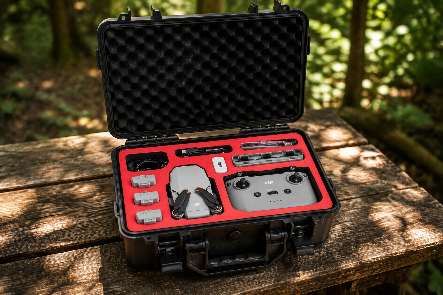 Close up of vibrant red custom EVA foam inside a black hard case holding a mini drone safely in a forest