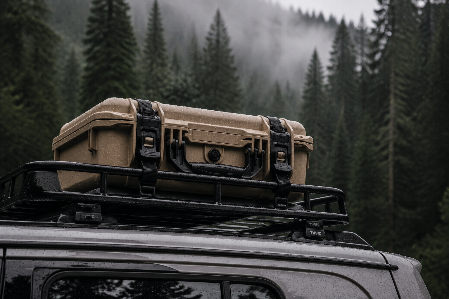 Durable tan Starlink Mini Case strapped to a van roof rack in a misty pine forest
