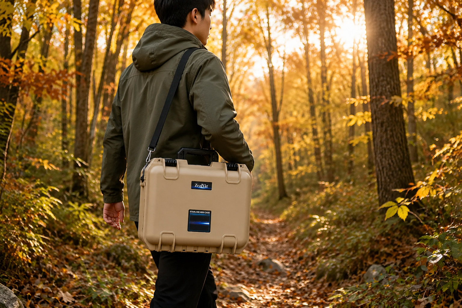 Adventurer carrying a tan Starlink Mini Case with a shoulder strap while hiking through an autumn forest.