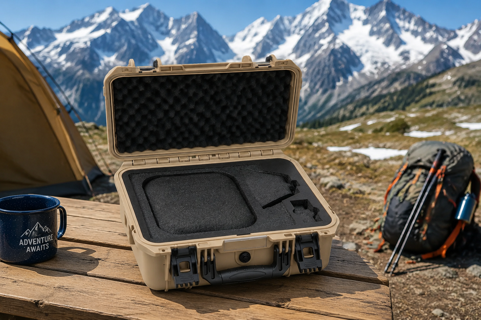 Open Starlink Mini Case showing custom laser-cut protective foam inserts at a high-altitude campsite