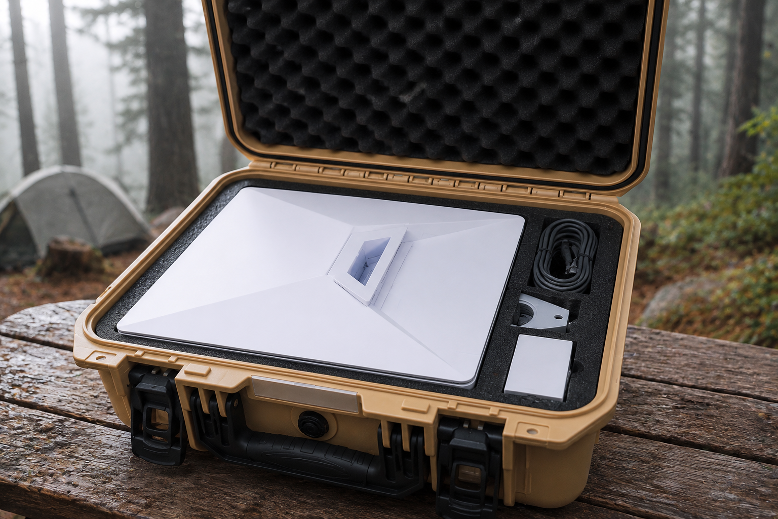 Open Starlink Mini Case showing custom black EVA foam interior protecting a white satellite dish