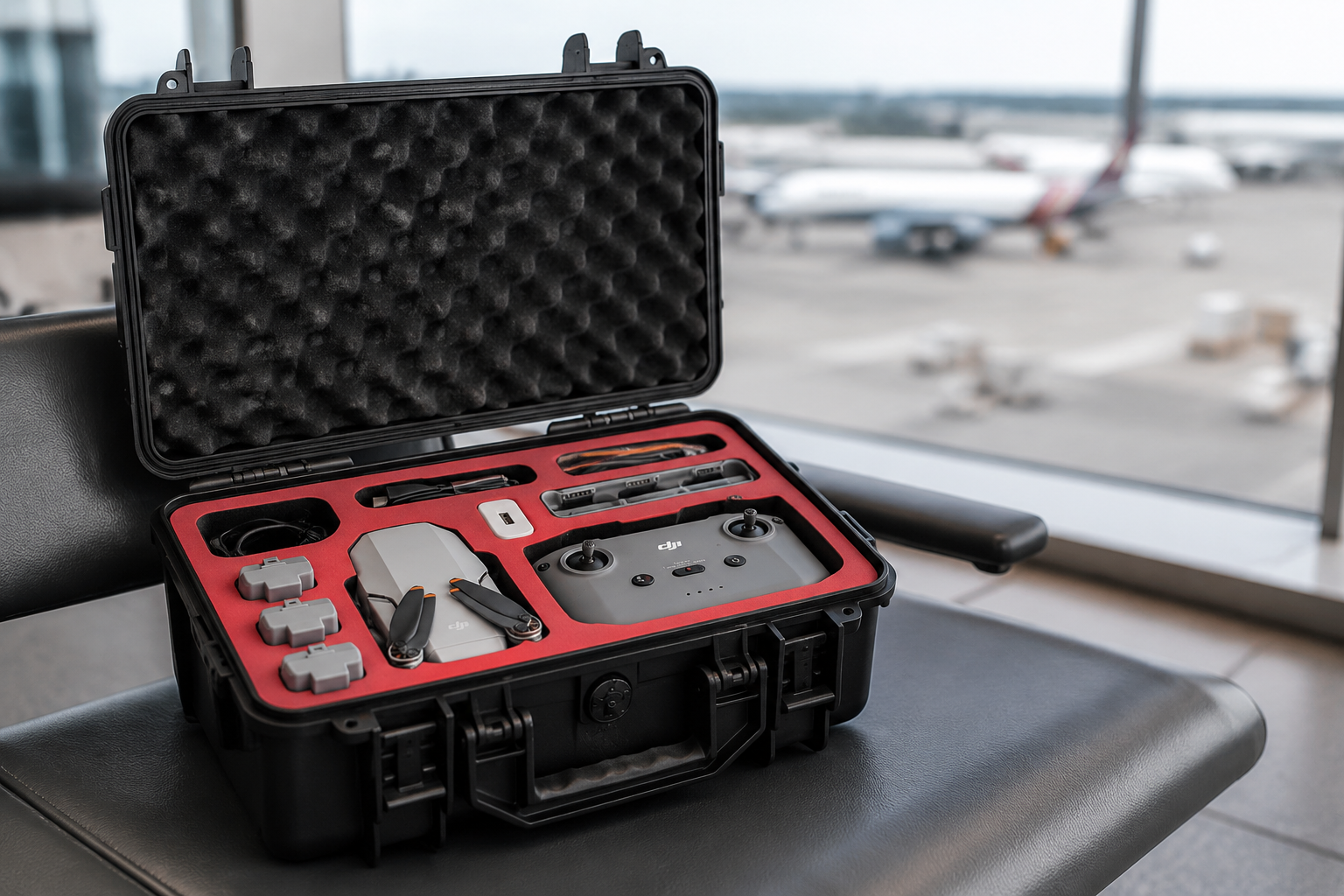 Open drone hard case with red foam at an airport terminal ready for safe air travel with drone batteries