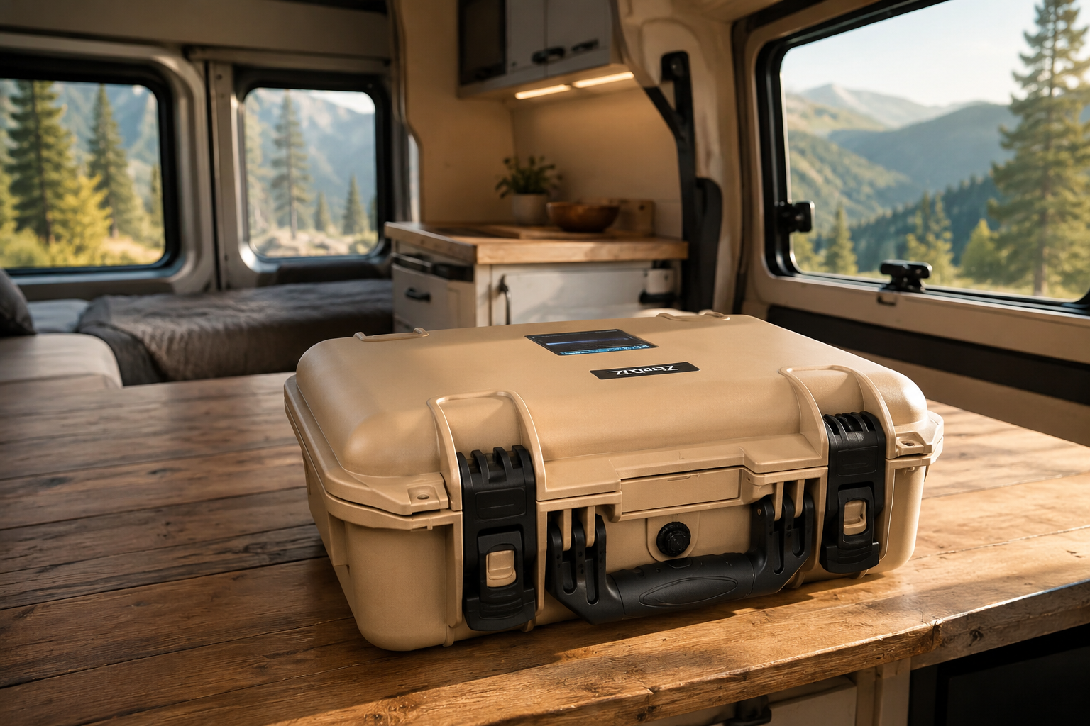 Tan Starlink Mini Case sitting on a wooden table inside a cozy camper van during a sunny morning