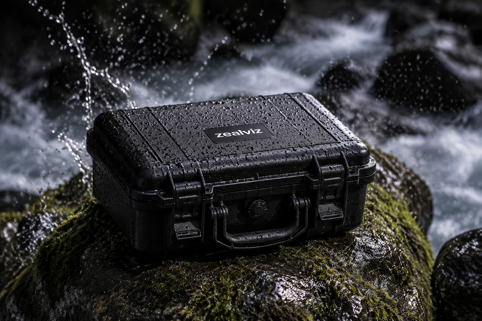 Waterproof black hard drone case sitting on wet rocks near a river protecting gear from moisture