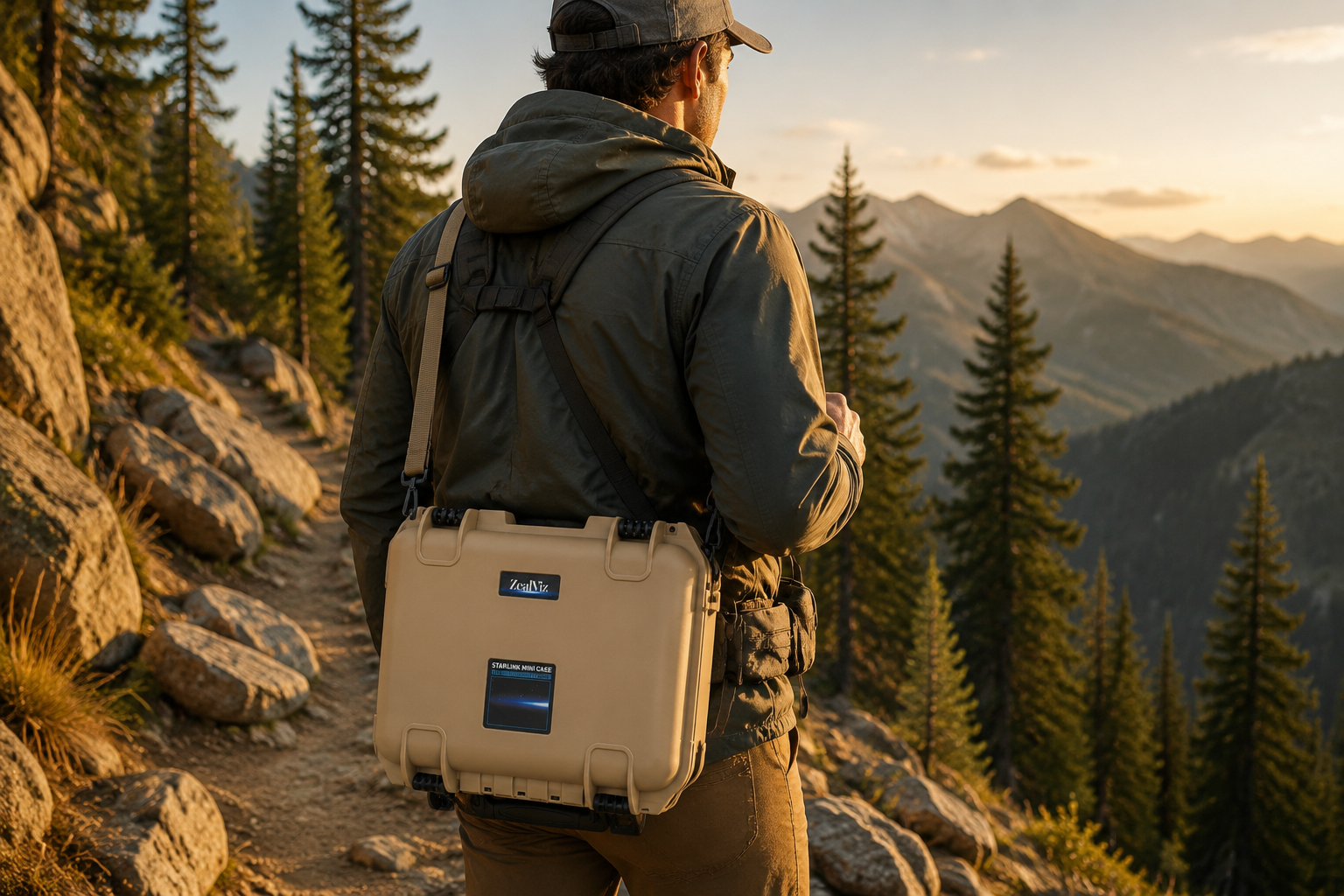 Hiker carrying Starlink Mini Case with shoulder strap on mountain trail