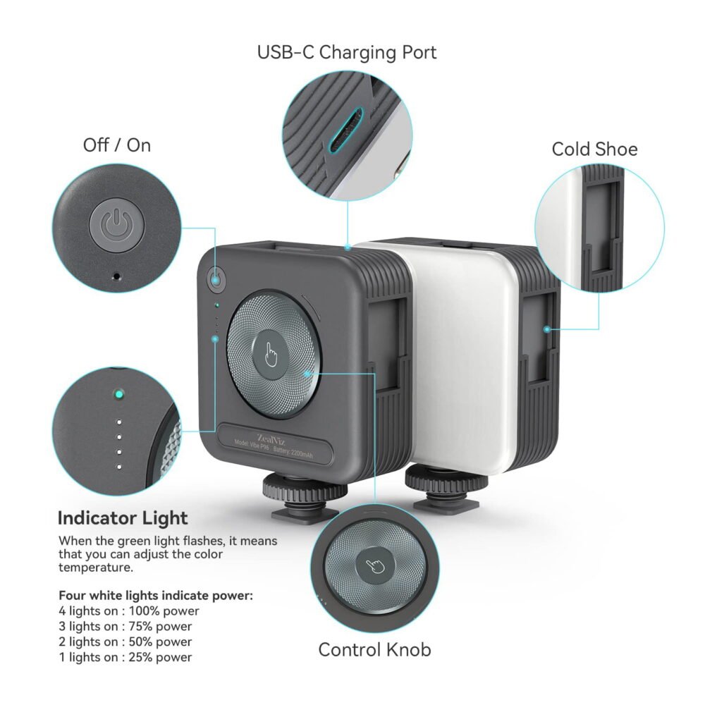 image_10 Zealviz P96 Mini Bi-Color LED Video Light (2700-6500K) with 2200mAh & Cold Shoe