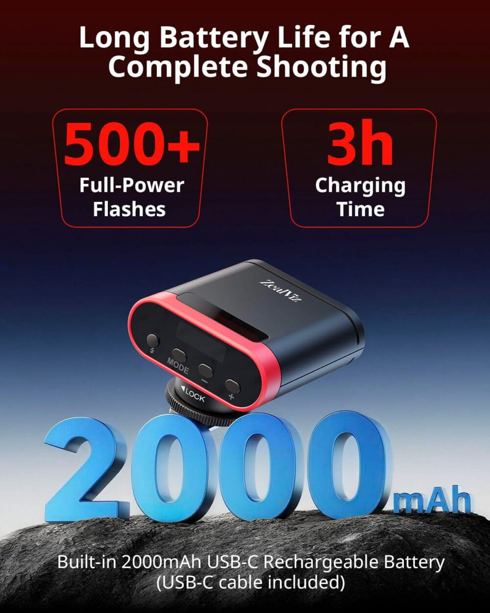 Zealviz RS20 Mini GN12 Speedlite Camera Flash with 2000mAh Battery & OLED Screen