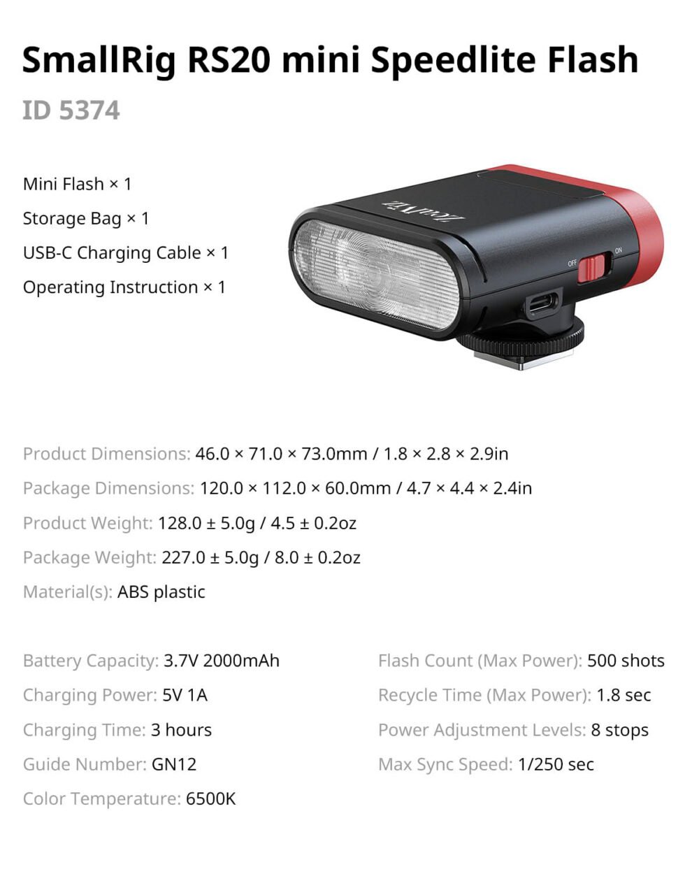 Zealviz RS20 Mini GN12 Speedlite Camera Flash with 2000mAh Battery & OLED Screen