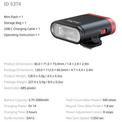 Zealviz RS20 Mini GN12 Speedlite Camera Flash with 2000mAh Battery & OLED Screen