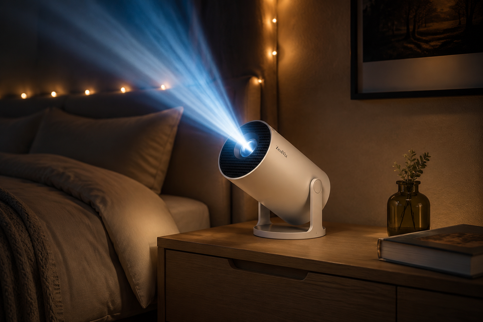 Zealviz HY300Pro smart mini projector on a bedroom nightstand projecting movies onto the ceiling