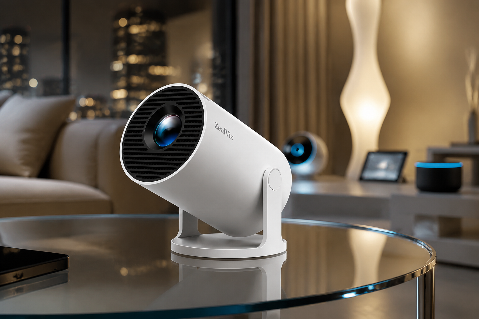 Close up of the compact Zealviz HY300Pro Wi-Fi 6 smart projector on a modern living room table