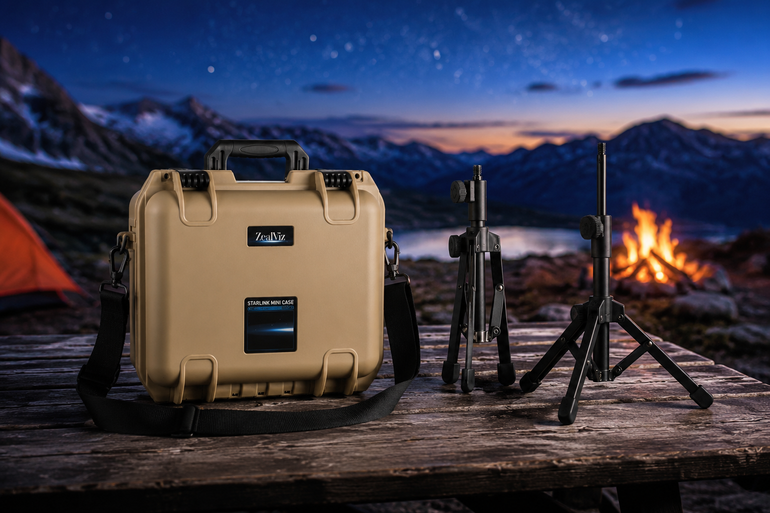 Tan hard camera storage case with shoulder strap and dual mini tripods on a mountain campsite table