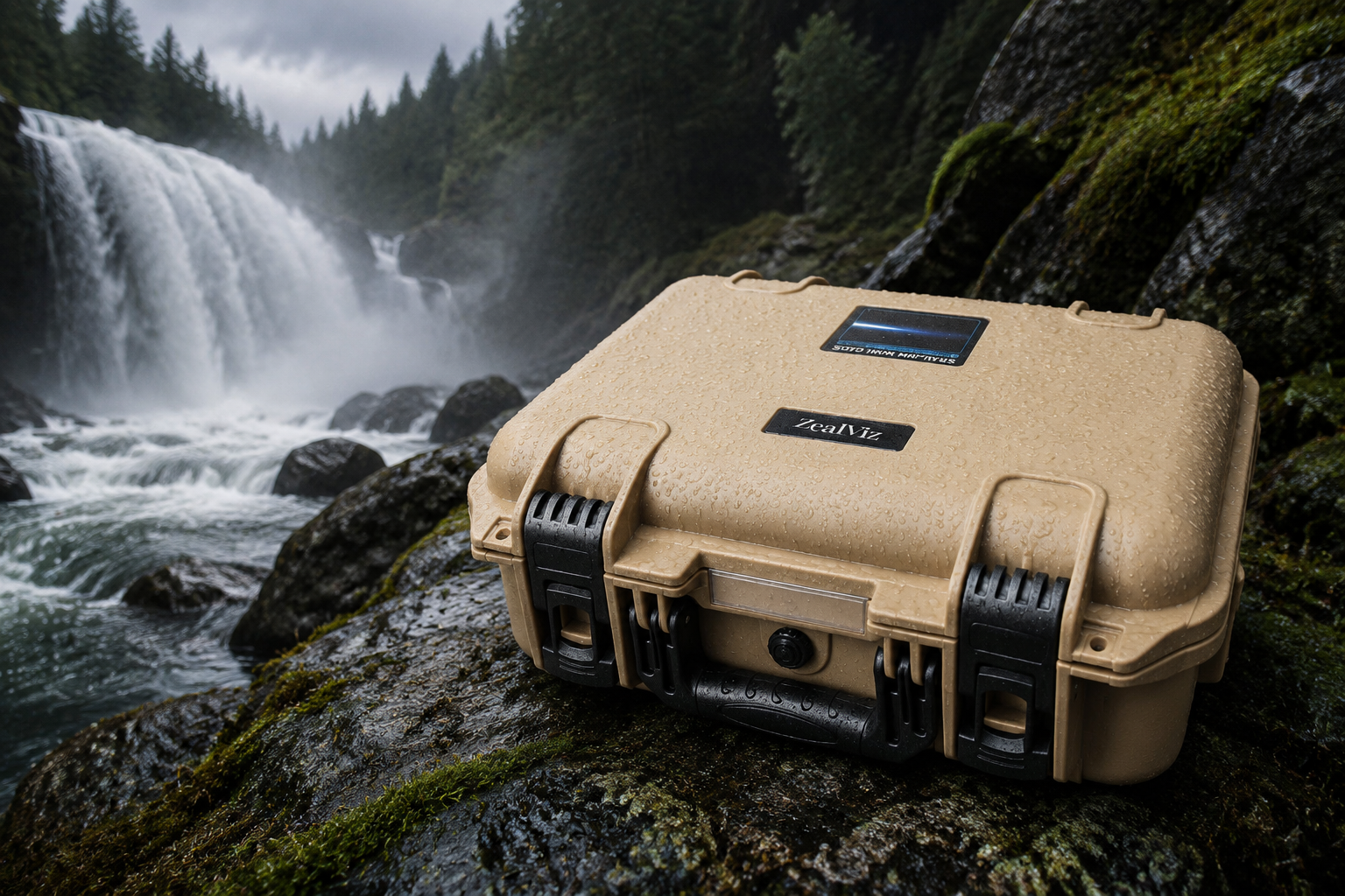 Tan waterproof hard protective case resting on wet mossy rocks near a waterfall demonstrating IP67 weather resistance
