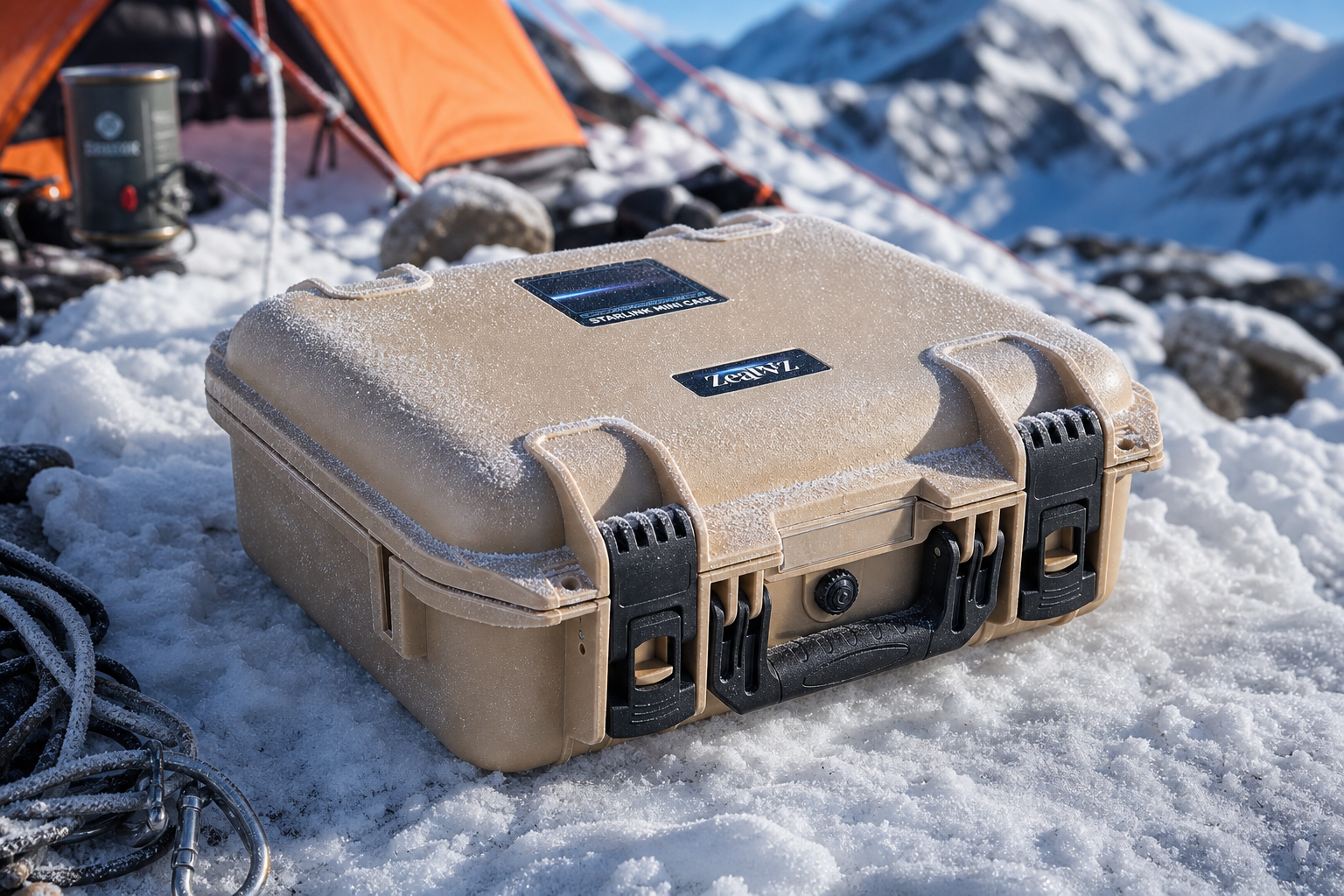 Durable tan waterproof hard case for Starlink accessories placed at a snowy mountain base camp