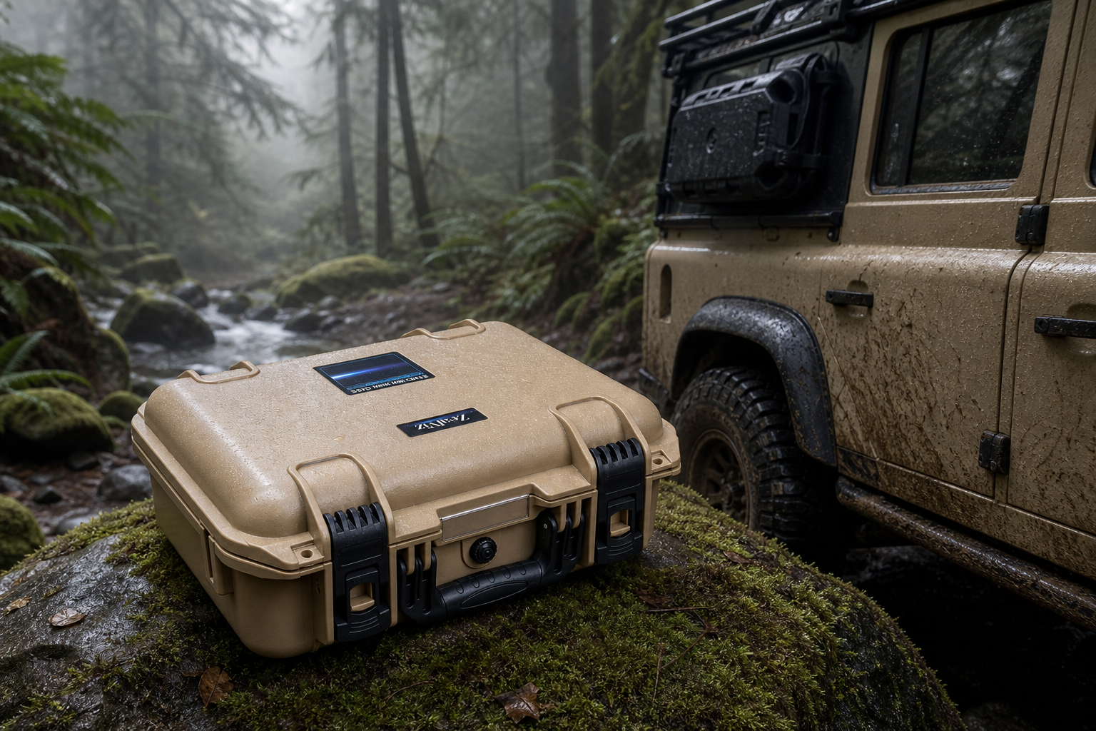 Zealviz Starlink Mini Case in tan color resting on a rock during an overlanding camping trip in a misty forest