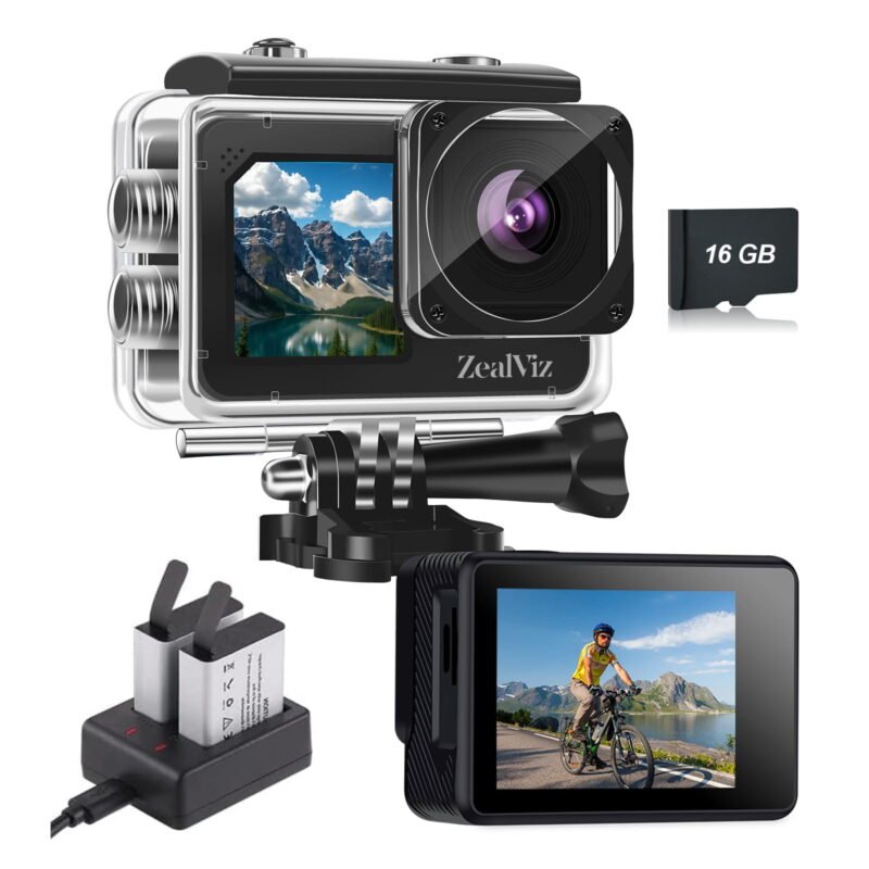 Version 1.0.0 Zealviz FHD 1080P 16MP Dual Screen Waterproof Action Camera with 16GB Card & Accessories