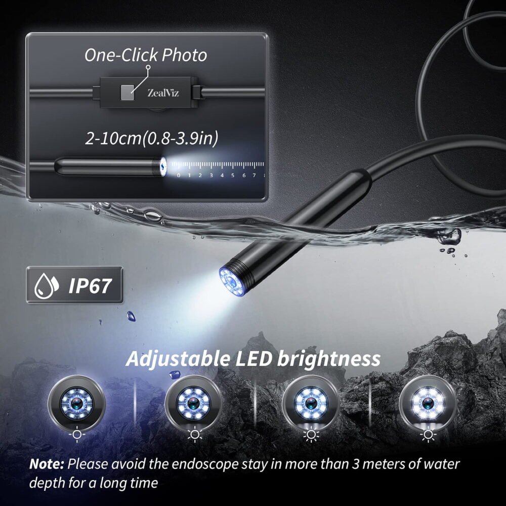 Zealviz 1920P HD Waterproof Industrial Endoscope with 8 Lights & 16.4FT Cord (Black)