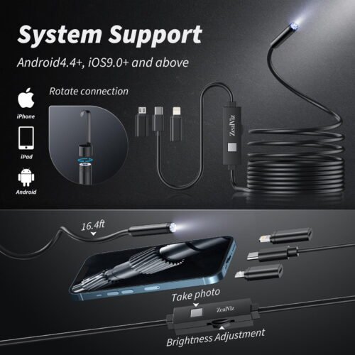 Zealviz 1920P HD Waterproof Industrial Endoscope with 8 Lights & 16.4FT Cord (Black)