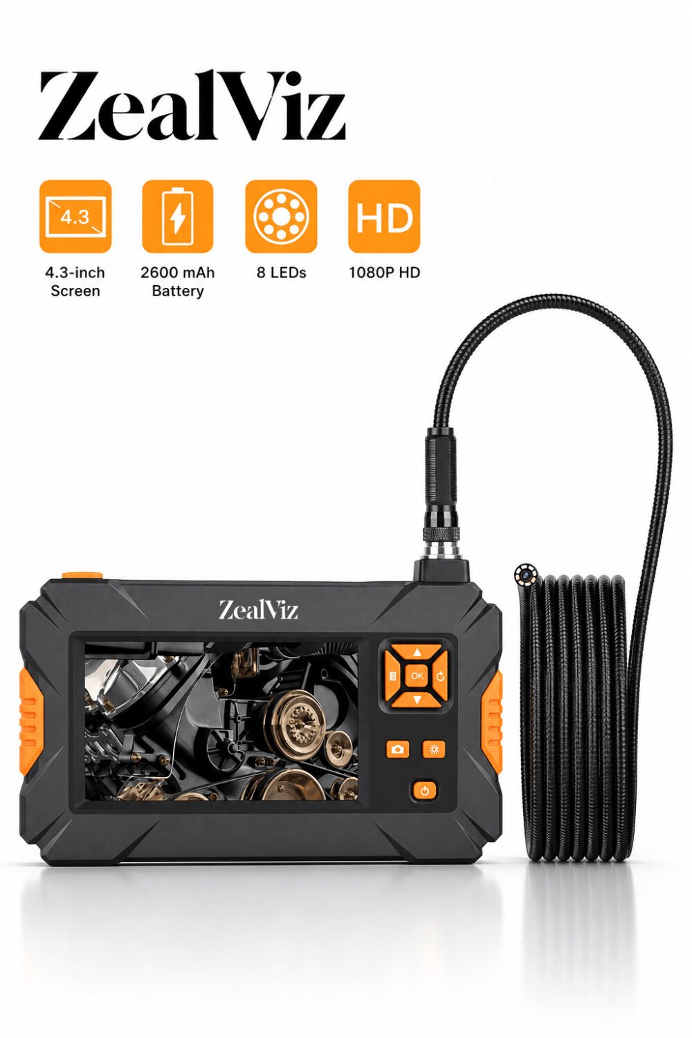 Zealviz 8mm Dual-Lens Industrial Endoscope with 4.3" Screen for Car Engine Repair