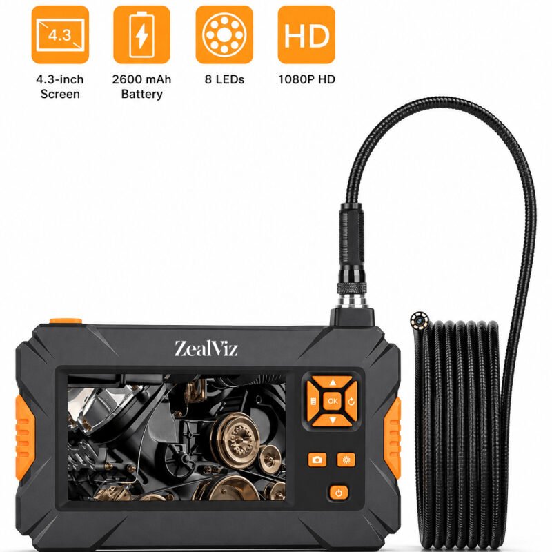 Zealviz 8mm Dual-Lens Industrial Endoscope with 4.3" Screen for Car Engine Repair