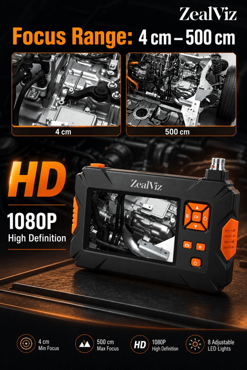 Zealviz 8mm Dual-Lens Industrial Endoscope with 4.3" Screen for Car Engine Repair