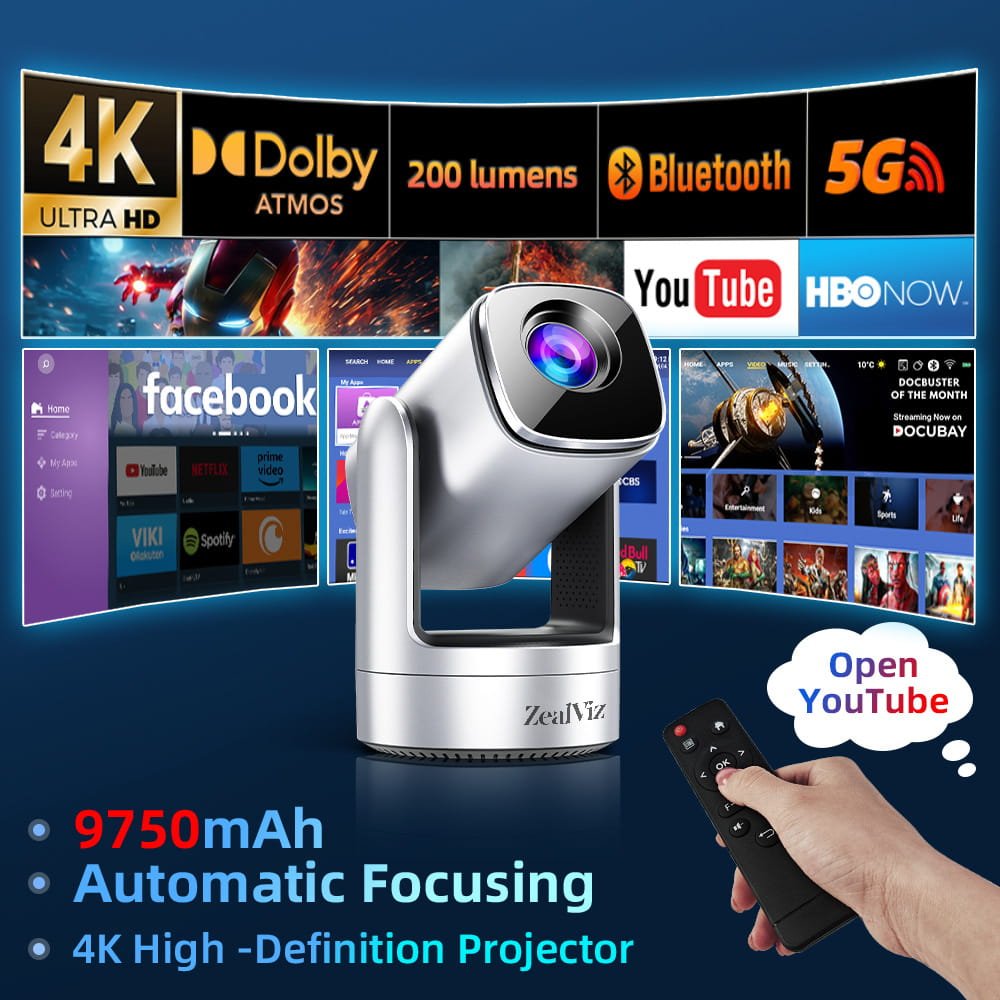 主图-2 Zealviz 4K HD Portable Outdoor Projector, Built-in Battery, WiFi & Android Smart Home Theater Projector